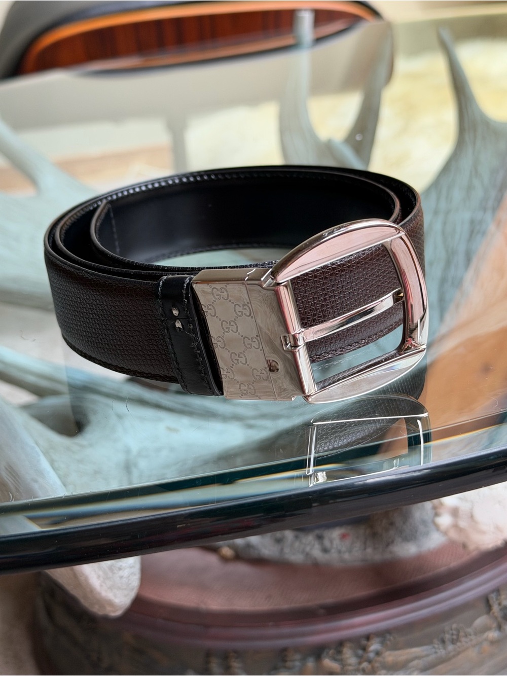 Gucci Brown  an black like having 2 belts in 1 Leather Belt with Silver Buckle